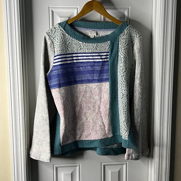 Postmark x Anthro, Latitudes Patchwork Textured Sweater, White Pink Blue - Large - Picture 2 of 7